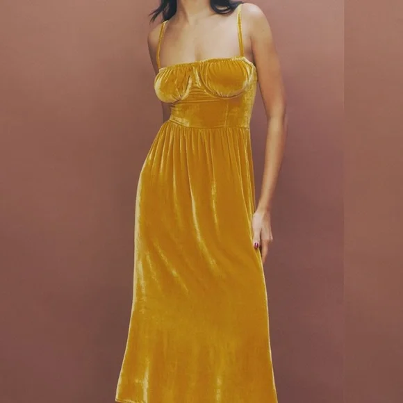 Reformation Inessa Velvet Midi Dress In Turmeric 10 NWT - Picture 1 of 9